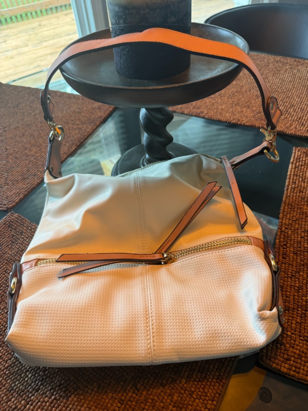 Sondra Roberts Squared Off-White & Brown Shoulder Bag